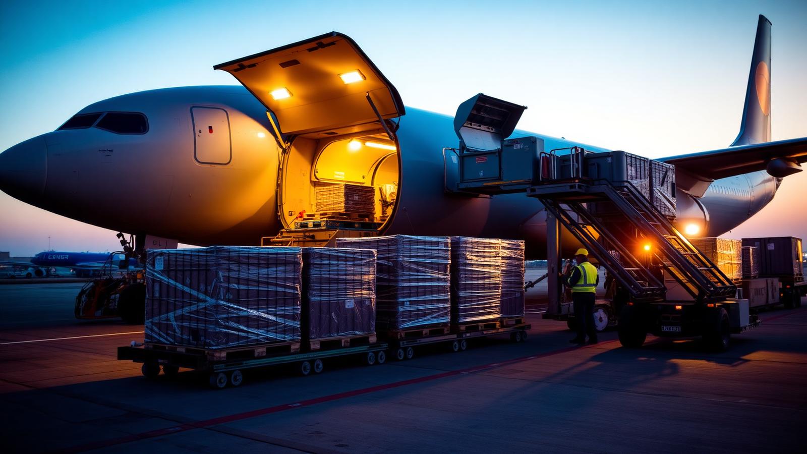 Air cargo pallets being loaded into a freighter aircraft at dusk