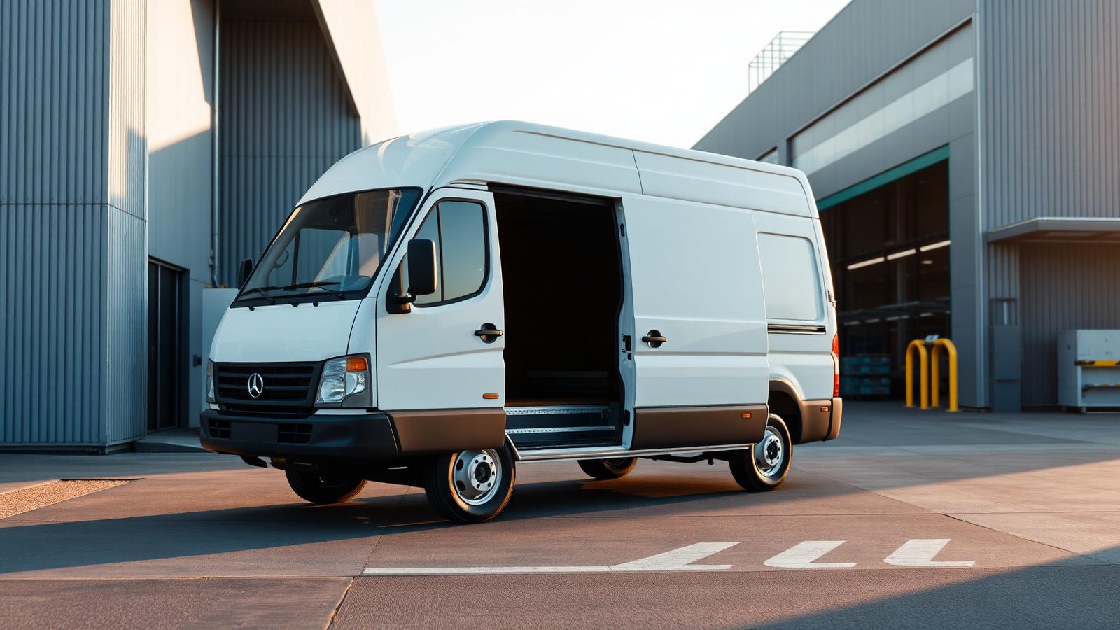 Panel van at the goods entrance of an automotive manufacturing plant