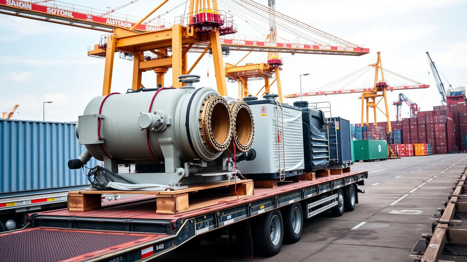 Industrial engineering equipment secured on a flatbed trailer at a European port