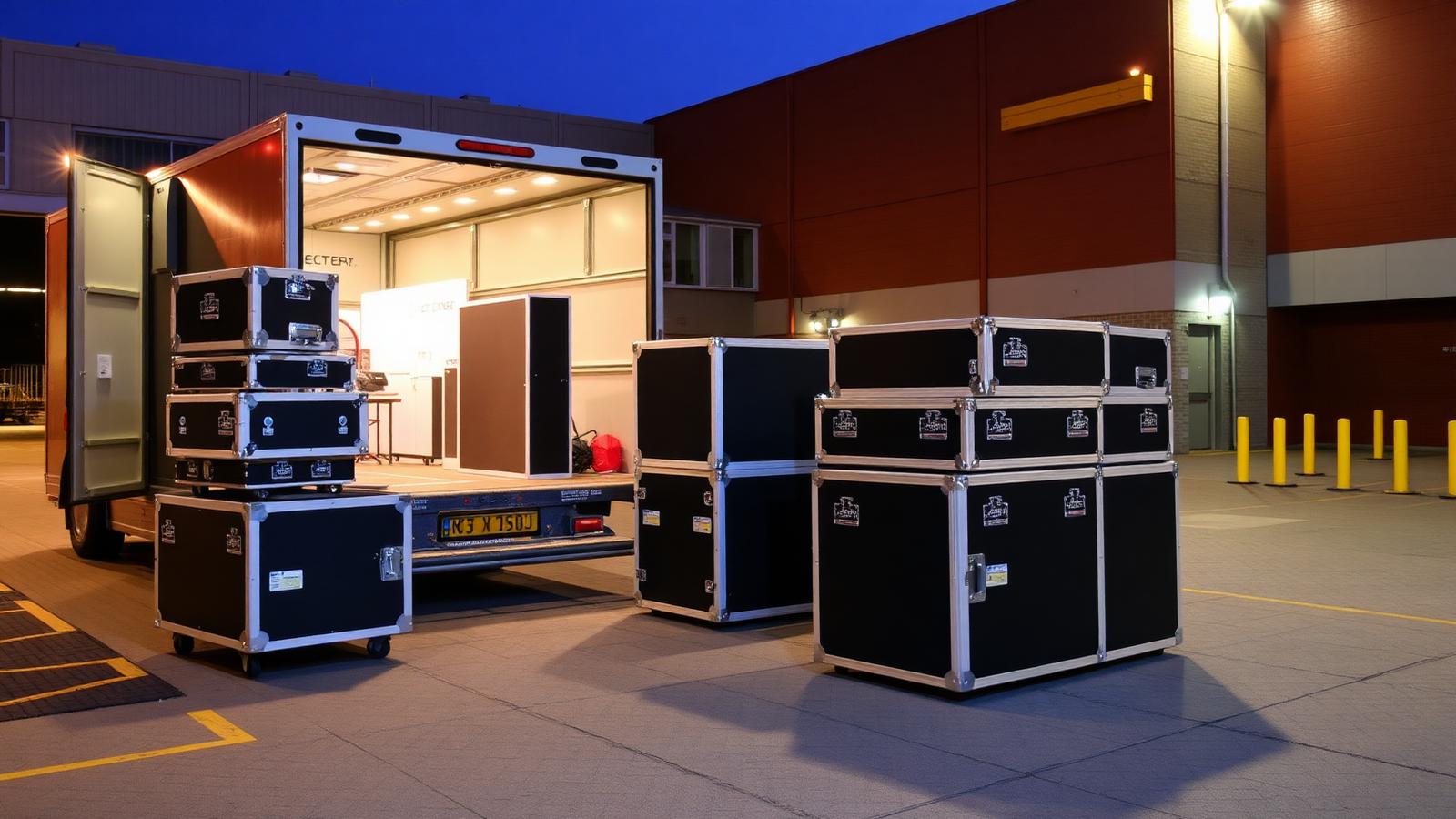 Exhibition flight cases being unloaded from a box lorry at a venue loading bay