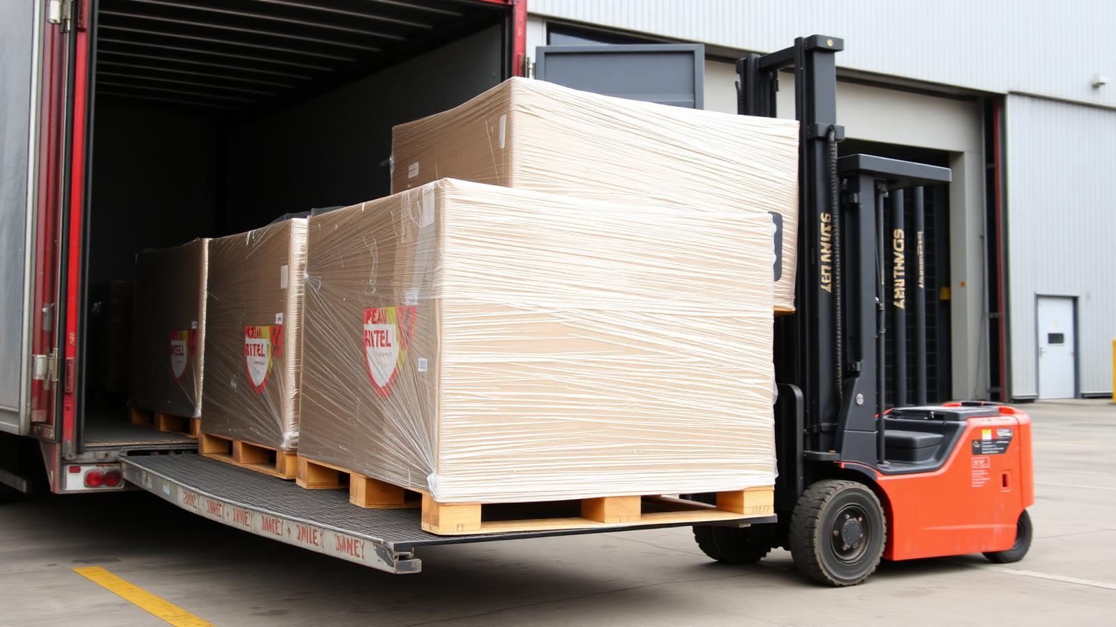 Wrapped pallets of retail stock being loaded into a trailer at a distribution hub