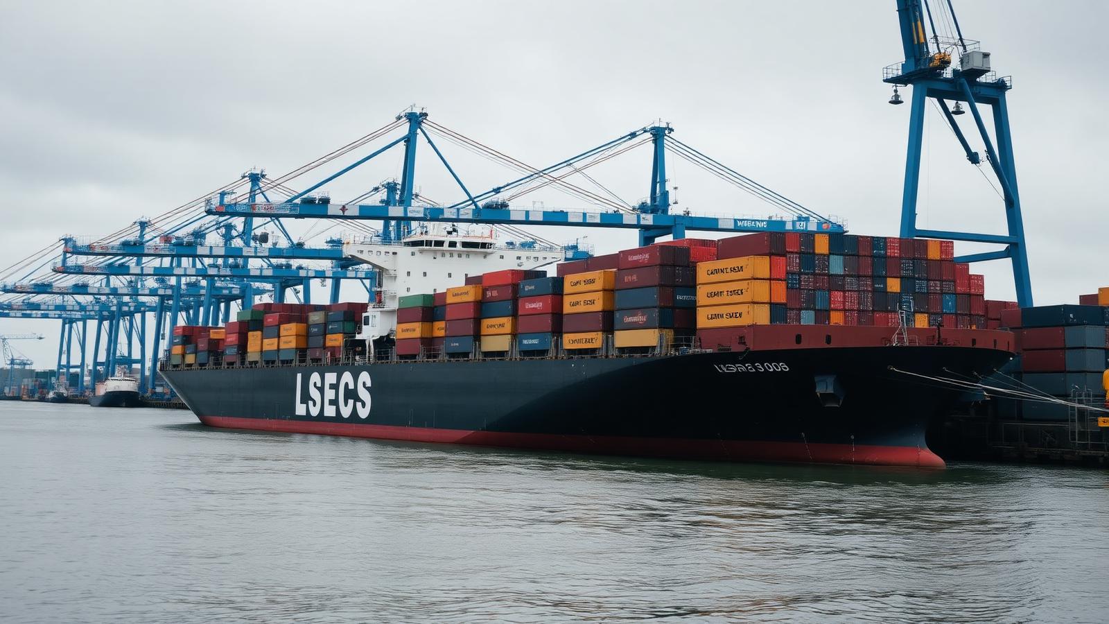 Container ship berthed at a UK deep-sea port with gantry cranes