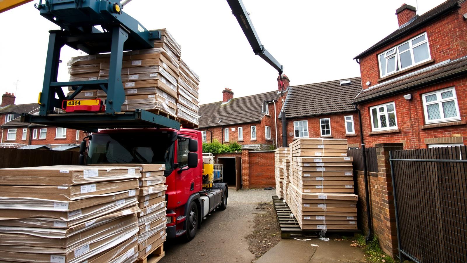 Lorry-mounted crane offloading packs of building products on a narrow site